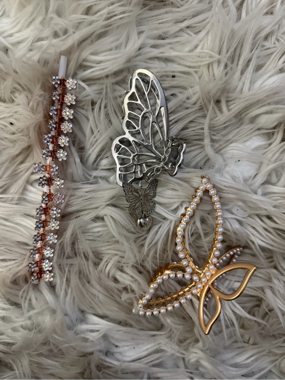 Gold and Silver Butterfly Hair Clips with Pearls and Rhinestones